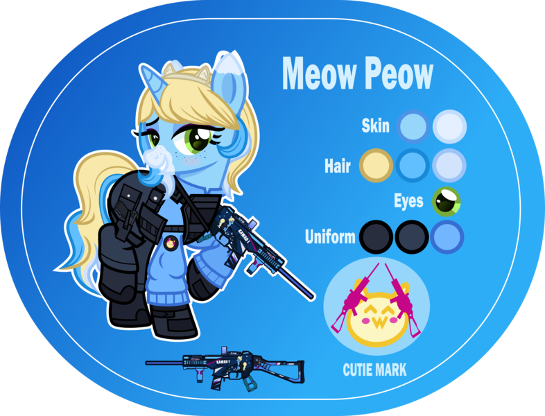 Size: 5000x3815 | Tagged: safe, artist:n0kkun, derpibooru import, oc, oc:meow peow, unofficial characters only, pony, unicorn, armor, bedroom eyes, belt, blue background, blushing, body armor, boots, clothes, female, freckles, glock, gloves, grin, gun, hairband, handgun, high res, holster, jacket, mare, markings, multicolored hair, pants, pistol, pouch, raised hoof, raised leg, reference sheet, shoes, simple background, smiling, solo, submachinegun, ump45, weapon