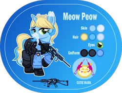 Size: 5000x3815 | Tagged: safe, artist:n0kkun, derpibooru import, oc, oc:meow peow, unofficial characters only, pony, unicorn, armor, bedroom eyes, belt, blue background, blushing, body armor, boots, clothes, female, freckles, glock, gloves, grin, gun, hairband, handgun, high res, holster, jacket, mare, markings, multicolored hair, pants, pistol, pouch, raised hoof, raised leg, reference sheet, shoes, simple background, smiling, solo, submachinegun, ump45, weapon