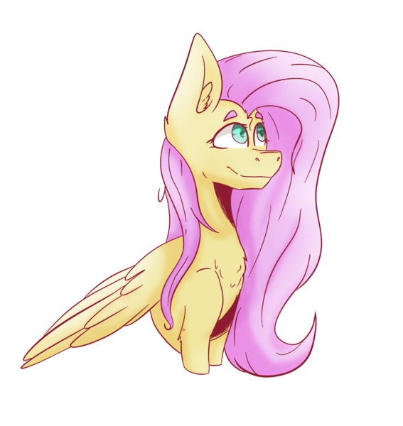 Size: 1822x1928 | Tagged: safe, artist:drawwolfr3, derpibooru import, fluttershy, pegasus, pony, bust, chest fluff, ear fluff, eyebrows, female, folded wings, looking away, looking up, mare, outline, simple background, smiling, solo, three quarter view, transparent background, white outline, wings