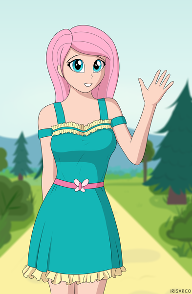 Size: 3274x5000 | Tagged: artist:irisarco, clothes, derpibooru import, dress, female, fluttershy, grass, human, humanized, kotobukiya fluttershy, looking at you, outdoors, path, safe, smiling, solo, standing, tree, waving