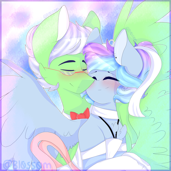 Size: 2449x2449 | Tagged: safe, artist:shinningblossom12, derpibooru import, oc, oc:drawing, oc:shinning blossom, unofficial characters only, pegasus, pony, abstract background, blushing, bowtie, chest fluff, clothes, female, glasses, gloves, male, mare, oc x oc, pegasus oc, shipping, smiling, spread wings, stallion, straight, wings