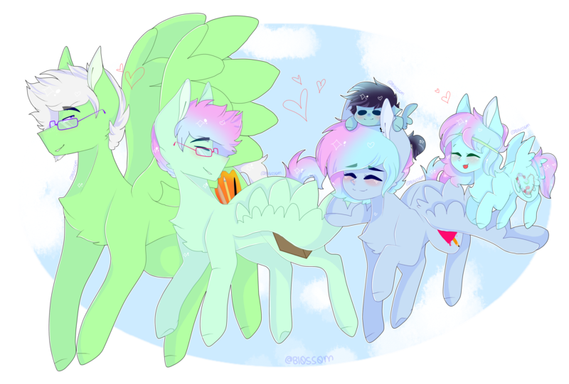 Size: 2977x2015 | Tagged: safe, artist:shinningblossom12, derpibooru import, oc, oc:drawing, oc:shinning blossom, unofficial characters only, pegasus, pony, blushing, chest fluff, female, filly, glasses, male, mare, oc x oc, parents:oc x oc, pegasus oc, shipping, simple background, smiling, speedpaint available, stallion, transparent background, wings