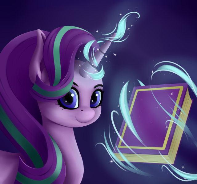 Size: 3200x3000 | Tagged: safe, artist:palibrik, derpibooru import, starlight glimmer, pony, unicorn, book, female, glowing horn, horn, magic, mare, simple background, smiling, solo, telekinesis