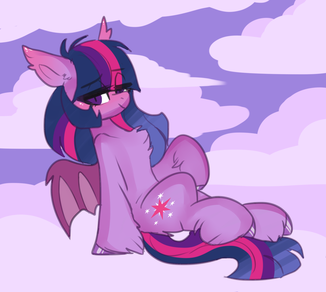 Size: 2619x2354 | Tagged: safe, artist:h0rsefeathers, derpibooru import, twilight sparkle, twilight sparkle (alicorn), alicorn, bat pony, bat ponified, bat wings, chest fluff, cloud, cute, ear fluff, female, high res, leg fluff, looking at you, on a cloud, race swap, sitting, sky, solo, twiabetes, unshorn fetlocks, wings