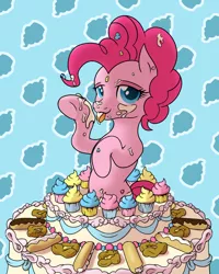 Size: 3000x3746 | Tagged: safe, artist:thehuskylord, derpibooru import, pinkie pie, earth pony, pony, bedroom eyes, cake, cream, cupcake, digital art, eclair, female, food, icing on body, icing on nose, licking, lidded eyes, mane, pasties, shade, shading, simple background, smiling, smiling at you, solo, tongue out