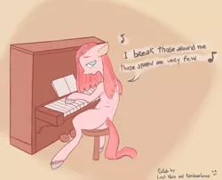 Size: 2500x2024 | Tagged: safe, artist:kamikazelenna, artist:nayelie naia, derpibooru import, pinkie pie, earth pony, pony, semi-anthro, collaboration, digital art, female, mare, musical instrument, piano, pinkamena diane pie, simple background, singing, solo, song reference, starvation, text