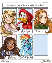 Size: 1080x1290 | Tagged: safe, artist:beakka, derpibooru import, rainbow dash, anthro, bird, duck, elf, human, pegasus, pony, six fanarts, anthro with ponies, avatar the last airbender, bust, clothes, crossover, dark skin, female, fethry duck, katara, lord of the rings, male, mare, open mouth, rapunzel, smiling, tauriel
