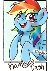 Size: 490x697 | Tagged: safe, alternate version, artist:beakka, derpibooru import, rainbow dash, pegasus, pony, bust, female, mare, open mouth, signature, smiling, solo