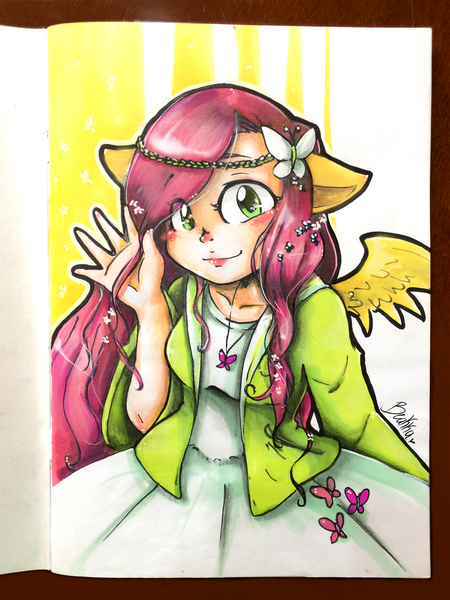 Size: 2448x3264 | Tagged: safe, artist:beakka, derpibooru import, butterfly, human, insect, clothes, dress, eared humanization, female, hairclip, humanized, jewelry, necklace, signature, smiling, solo, traditional art, waving, winged humanization, wings