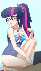 Size: 405x706 | Tagged: safe, artist:grapefruitface1, derpibooru import, sci-twi, twilight sparkle, equestria girls, equestria girls series, forgotten friendship, anime, base used, beach, blushing, breasts, cleavage, clothes, computer, element of magic, female, laptop computer, solo, swimsuit, usb
