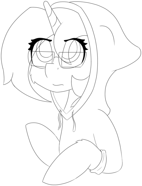 Size: 4143x5432 | Tagged: safe, artist:skylarpalette, derpibooru import, oc, oc:skylar palette, unofficial characters only, pony, unicorn, black and white, bust, cheek fluff, clothes, concerned, fluffy, glasses, grayscale, half body, hood up, hoodie, horn, long mane, looking up, monochrome, simple background, sketch, tired, transparent background, unicorn oc