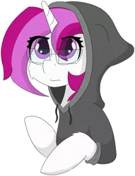 Size: 4143x5432 | Tagged: safe, artist:skylarpalette, derpibooru import, oc, oc:skylar palette, unofficial characters only, pony, unicorn, clothes, concern, female, full color, glasses, hoodie, horn, looking up, mare, pink, pink eyes, pink mane, simple background, simple shading, tired, transparent background, unicorn oc, white fur