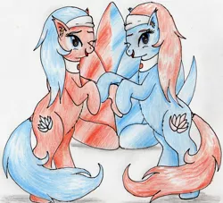 Size: 2363x2141 | Tagged: safe, artist:40kponyguy, derpibooru import, aloe, lotus blossom, earth pony, pony, bipedal, cute, cutie mark background, ear fluff, female, looking at you, mare, one eye closed, spa twins, spaww twins, traditional art