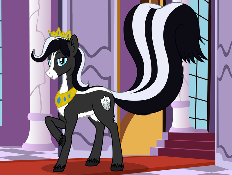 Size: 2745x2064 | Tagged: safe, artist:badumsquish, derpibooru import, oc, unofficial characters only, original species, pony, skunk, skunk pony, series:equestria and the world, belly fluff, butt fluff, canterlot, carpet, crown, ear fluff, jewelry, lidded eyes, looking at you, male, palace, peytral, prince, raised eyebrow, raised hoof, raised tail, red carpet, regalia, skunk stripe, smiling, smirk, solo, stallion, tail, two-tone coat, unshorn fetlocks