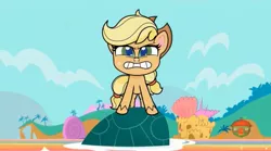 Size: 1669x931 | Tagged: safe, derpibooru import, screencap, applejack, earth pony, pony, my little pony: pony life, pony surfin' safari, spoiler:pony life s01e14, spoiler:pony life s01e22, applejack's hat, cowboy hat, female, hat, mare, rainbow water, solo