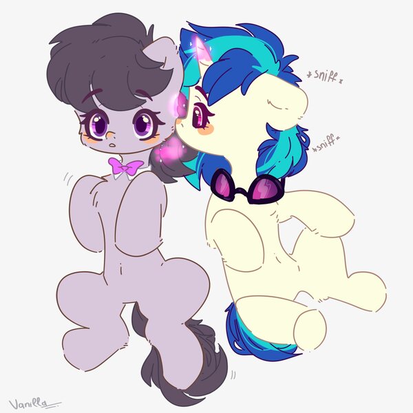 Size: 2048x2048 | Tagged: safe, artist:vanilla0pie, derpibooru import, octavia melody, vinyl scratch, earth pony, pony, unicorn, blushing, cheek fluff, chest fluff, cute, female, glasses off, high res, lesbian, mare, onomatopoeia, scratchtavia, shipping, sniffing, sound effects, tavibetes, vinylbetes