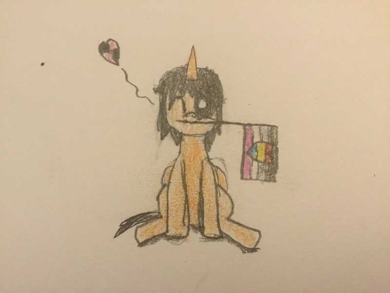 Size: 3264x2448 | Tagged: safe, artist:uniconwizard, derpibooru import, oc, oc:bb-x, unofficial characters only, original species, asexual, asexual pride flag, black sclera, featureless horn, floating heart, genderless, godlike, hand drawing, heart, hive mind, male, missing texture, new tags were born here, not alicorn, one eye closed, panromantic, panromantic pride flag, picture, pride, pride flag, solo, traditional art, white pupils, wink