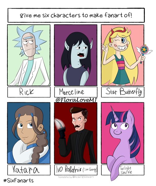 Size: 1809x2160 | Tagged: safe, artist:flame_heart_98, derpibooru import, twilight sparkle, human, pony, unicorn, six fanarts, adventure time, avatar the last airbender, clothes, crossover, doctor eggman, facial hair, female, katara, lab coat, male, marceline, mare, moustache, one eye closed, rick and morty, rick sanchez, smiling, sonic the hedgehog (series), star butterfly, unicorn twilight, wink