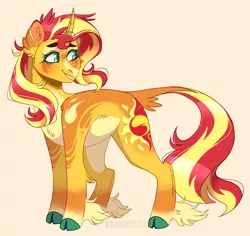 Size: 1024x968 | Tagged: safe, artist:wanderingpegasus, derpibooru import, sunset shimmer, classical unicorn, pony, unicorn, alternate hairstyle, blushing, cloven hooves, female, grin, leg fluff, leonine tail, mare, markings, pale belly, pink background, redesign, simple background, smiling, solo, unshorn fetlocks