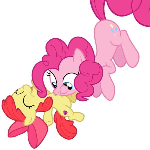 Size: 1080x1080 | Tagged: safe, artist:princessdestiny200i, derpibooru import, apple bloom, pinkie pie, earth pony, pony, apple bloom's bow, bow, eyes closed, female, filly, hair bow, laughing, mare, open mouth, raspberry, simple background, tickle torture, tickling, tongue out, tummy buzz, white background