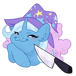 Size: 1200x1200 | Tagged: safe, artist:h-analea, derpibooru import, trixie, pony, unicorn, clothes, female, hat, knife, knife cat, looking at you, mare, simple background, smug, transparent background, trixie's hat