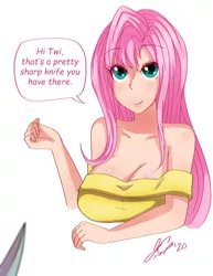 Size: 2550x3300 | Tagged: safe, artist:manhunterj, derpibooru import, fluttershy, twilight sparkle, human, blood, breasts, busty fluttershy, cleavage, humanized, imminent murder, murder, open mouth, this will end in pain