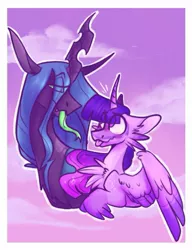 Size: 799x1039 | Tagged: safe, artist:rockin_candies, derpibooru import, queen chrysalis, twilight sparkle, twilight sparkle (alicorn), alicorn, cheek fluff, chest fluff, female, lesbian, shipping, tongue out, twisalis