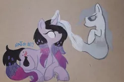 Size: 720x475 | Tagged: safe, artist:bittersweet presents.., artist:chewy-tartz, derpibooru import, oc, oc:mystery, ghost, ghost pony, pony, undead, unicorn, alchemy, atg 2020, cloven hooves, colored pencil drawing, curved horn, glowing eyes, glowing horn, horn, necromancy, newbie artist training grounds, potion, traditional art