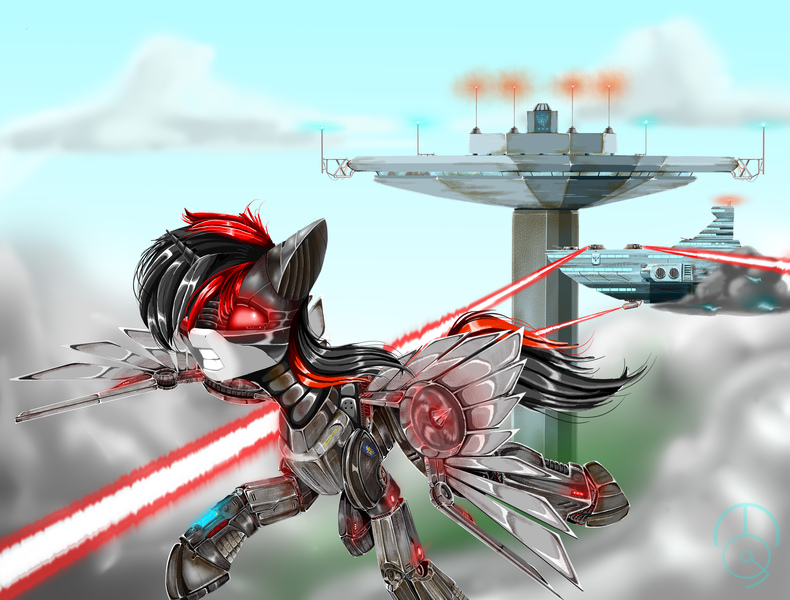 Size: 4096x3112 | Tagged: safe, artist:mcqueen, derpibooru import, oc, oc:blackjack, unofficial characters only, cyber pony, cyborg, pony, fallout equestria, fallout equestria: project horizons, fanfic, alicorn armor, cloud, cloudship, crossover, cyber alicorn, cyber legs, enclave raptor, fanfic art, female, flying, grand pegasus enclave, helmet, horn, laser, level 4 (alicorn eclipse) (project horizons), mare, pipbuck, solo, tower