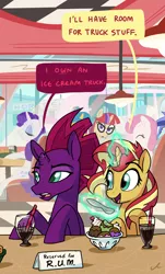 Size: 2772x4596 | Tagged: safe, artist:docwario, derpibooru import, fizzlepop berrytwist, lemon hearts, minuette, moondancer, rarity, sunset shimmer, tempest shadow, twinkleshine, pony, unicorn, dialogue, diner, food, high res, reformed unicorn meeting