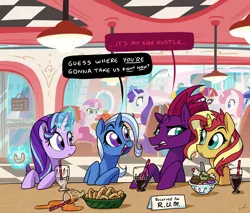 Size: 5400x4609 | Tagged: safe, artist:docwario, derpibooru import, fizzlepop berrytwist, lemon hearts, minuette, moondancer, rarity, starlight glimmer, sunset shimmer, sweetie belle, tempest shadow, trixie, twinkleshine, pony, unicorn, cute, dialogue, diner, food, ice cream, inconvenient trixie, onion, onion rings, reformed unicorn meeting, sad, sadorable, sweetie belle is not amused, teary eyes, unamused, wavy mouth