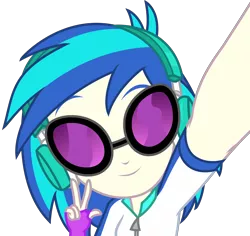 Size: 4406x4154 | Tagged: safe, artist:sketchmcreations, derpibooru import, vinyl scratch, do it for the ponygram!, equestria girls, equestria girls series, spoiler:eqg series (season 2), cute, female, headphones, peace sign, raised arm, selfie, simple background, smiling, solo, transparent background, vector, vinylbetes