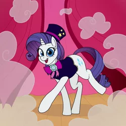 Size: 1500x1500 | Tagged: safe, artist:pony quarantine, derpibooru import, rarity, pony, unicorn, disappearing act, my little pony: pony life, spoiler:pony life s01e09, spoiler:pony life s01e12, bowtie, drawthread, female, g4.5 to g4, gem, hat, magician outfit, magician rarity, mare, pose, simple background, smoke, solo, top hat