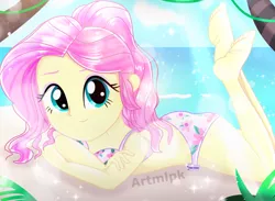 Size: 2600x1899 | Tagged: safe, artist:artmlpk, derpibooru import, fluttershy, equestria girls, adorable face, adorasexy, alternate hairstyle, beach, beautiful, bikini, butt, clothes, cloud, cute, digital art, feet, female, flutterbutt, image, jpeg, looking at you, ocean, palmtree, plant, ponytail, prone, sand, sexy, shyabetes, smiley face, smiling, smiling at you, solo, summer, sunflare, swimsuit, the pose, vacation, water, watermark, wet, wet hair