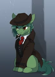 Size: 2480x3508 | Tagged: safe, artist:arctic-fox, derpibooru import, oc, oc:juniper shores, pony, fanfic:starlight over detrot: a noir tale, cigarette, clothes, coat, detective, hat, image, necktie, png, rain, smoking, solo, vest