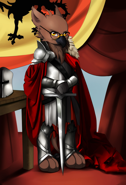 Size: 1500x2200 | Tagged: safe, artist:mlp-hugfactory, derpibooru import, gryphon, equestria at war mod, armor, cape, clothes, glasses, helmet, sword, table, weapon