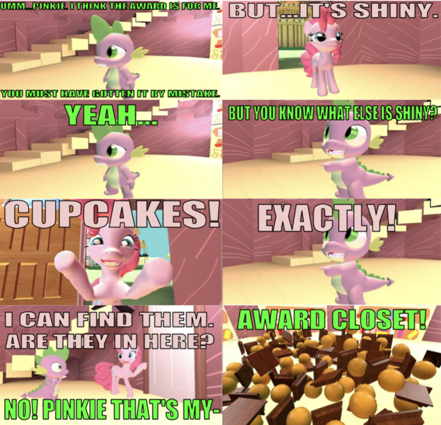 Size: 1242x1196 | Tagged: safe, artist:undeadponysoldier, derpibooru import, pinkie pie, spike, dragon, earth pony, pony, comic:big pinkie loser, series:spikebob scalepants, 3d, award, big pink loser, comic, dialogue, duo, female, gmod, golden oaks library, happy, library, male, mare, parody, pile, pile of trophies, pointing, reference, sfm pony, spongebob squarepants, this will end in tears, trophy