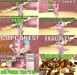 Size: 1242x1196 | Tagged: safe, artist:undeadponysoldier, derpibooru import, pinkie pie, spike, dragon, earth pony, pony, comic:big pinkie loser, series:spikebob scalepants, 3d, award, big pink loser, comic, dialogue, duo, female, gmod, golden oaks library, happy, library, male, mare, parody, pile, pile of trophies, pointing, reference, sfm pony, spongebob squarepants, this will end in tears, trophy