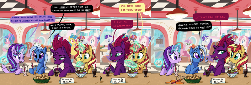 Size: 13572x4609 | Tagged: safe, artist:docwario, derpibooru import, fizzlepop berrytwist, lemon hearts, minuette, moondancer, rarity, starlight glimmer, sunset shimmer, sweetie belle, tempest shadow, trixie, twinkleshine, pony, unicorn, absurd resolution, broken horn, comic, counterparts, cute, dialogue, diner, female, food, horn, ice cream, inconvenient trixie, mare, onion, onion rings, reformed unicorn meeting, sad, sadorable, sweetie belle is not amused, teary eyes, twilight's counterparts, unamused, wavy mouth