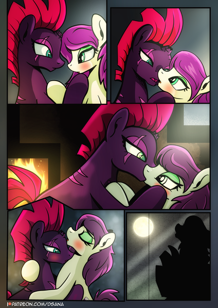 Size: 2480x3508 | Tagged: questionable, artist:dsana, derpibooru import, fizzlepop berrytwist, tempest shadow, oc, oc:thistledown, earth pony, pegasus, pony, unicorn, comic:a storm's lullaby, blushing, broken horn, canon x oc, comic, cunnilingus, female, fireplace, high res, horn, implied sex, kissing, lesbian, mare, moaning, moaning in pleasure, moon, oral, scar, sex, shipping, silhouette, softcore, this will end in pain