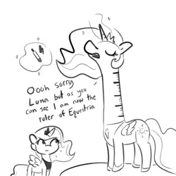 Size: 2250x2250 | Tagged: safe, artist:tjpones, derpibooru import, princess celestia, princess luna, alicorn, pony, :|, body writing, eyes closed, female, levitation, lineart, long neck, looking up, magic, mare, marker, monochrome, open mouth, pen, princess necklestia, pun, ruler, simple background, size difference, snooty, spread wings, telekinesis, visual pun, wat, white background, wide eyes, wings