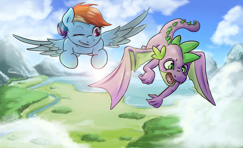 Size: 1024x626 | Tagged: safe, derpibooru import, rainbow dash, spike, dragon, pegasus, pony, annoyed, cloud, female, flying, forest, grassland, male, mare, mountain, practice, river, scenery, sky, teaching, training, tree, tutoring, water, winged spike, wings