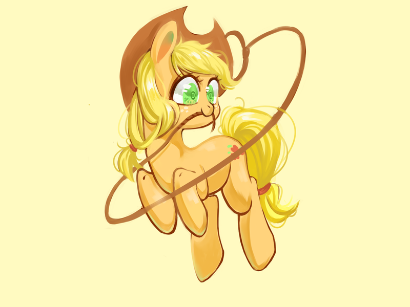 Size: 1600x1200 | Tagged: safe, artist:royal, derpibooru import, applejack, earth pony, pony, cowboy hat, female, hat, lasso, mare, mouth hold, orange background, rope, simple background, solo