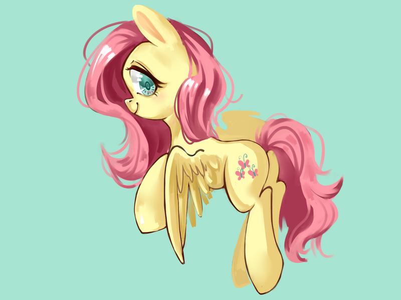 Size: 1600x1200 | Tagged: safe, artist:royal, derpibooru import, fluttershy, pegasus, pony, cute, female, looking back, shyabetes, simple background, smiling, solo