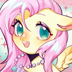 Size: 1754x1754 | Tagged: safe, artist:royal, derpibooru import, part of a set, fluttershy, pony, blushing, bust, colored pupils, cute, female, jewelry, looking at you, mare, necklace, open mouth, portrait, seashell necklace, shyabetes, solo, summer