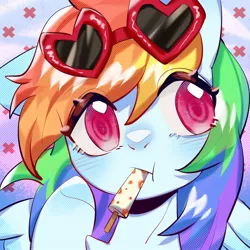 Size: 1754x1754 | Tagged: safe, artist:royal, derpibooru import, part of a set, rainbow dash, pony, :t, blushing, bust, colored pupils, cute, dashabetes, ear down, female, food, mare, mouth hold, popsicle, portrait, solo, summer, sunglasses