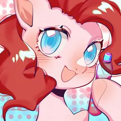 Size: 1754x1754 | Tagged: safe, artist:royal, derpibooru import, part of a set, pinkie pie, earth pony, pony, blushing, bottle, bust, colored pupils, cute, diapinkes, female, hoof hold, looking at you, mare, open mouth, portrait, solo, summer