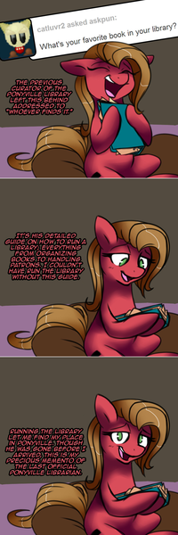 Size: 750x2254 | Tagged: safe, artist:wingspiral, derpibooru import, oc, oc:pun, earth pony, pony, ask pun, ask, book, female, mare, solo