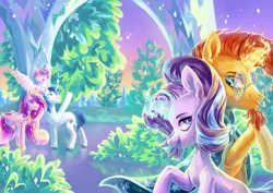 Size: 4961x3508 | Tagged: safe, artist:shininglovelystar, derpibooru import, princess cadance, princess flurry heart, shining armor, starlight glimmer, sunburst, alicorn, pony, unicorn, baby, baby pony, crystal empire, crystal palace, female, magic, magic aura, male, mare, shipping, stallion, starburst, straight