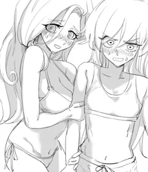 Size: 949x1103 | Tagged: suggestive, artist:ceitama, derpibooru import, fluttershy, rainbow dash, equestria girls, belly button, big breasts, black and white, blushing, breasts, busty fluttershy, clothes, delicious flat chest, female, flutterdash, grayscale, lesbian, monochrome, rainbow flat, shipping, sweat, swimsuit